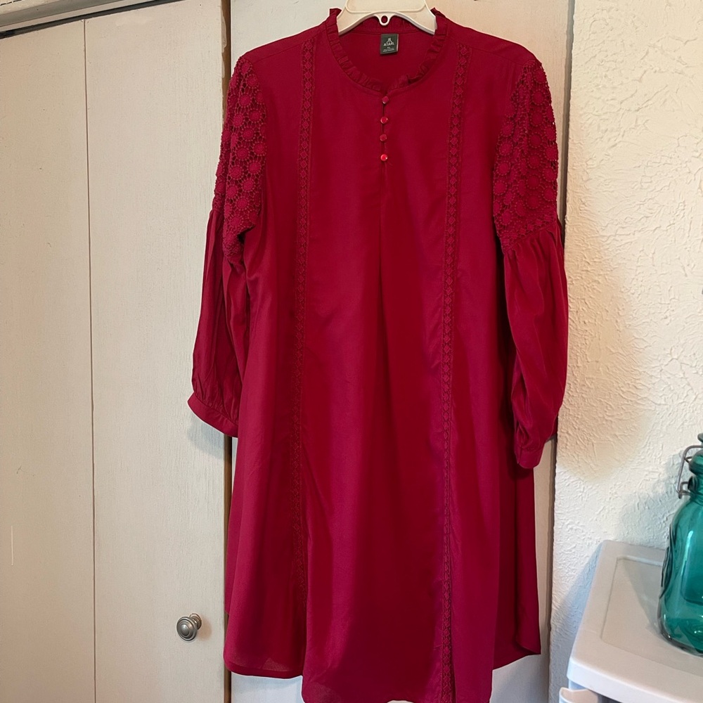 Red Buttoned Dress with 3/4 Bishop Sleeves and Mandarin Collar